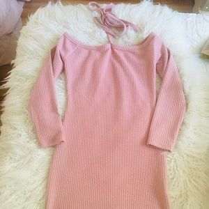 Hers And Mine Pink Ribbed Dress With Halter Tie